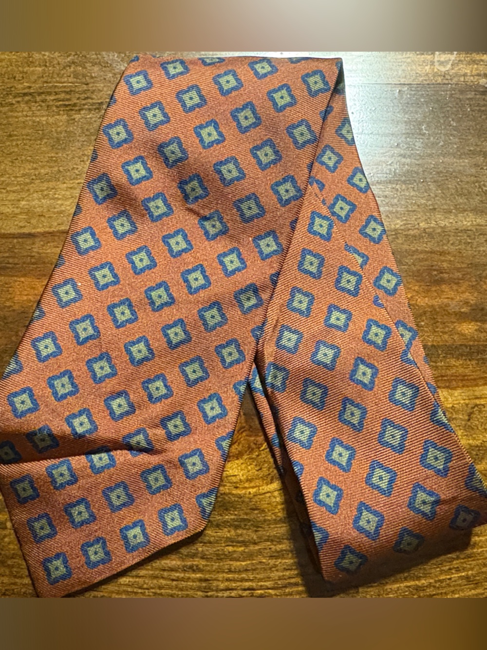 Altea Rust Silk Tie with Blue and olive Geometric Medallions